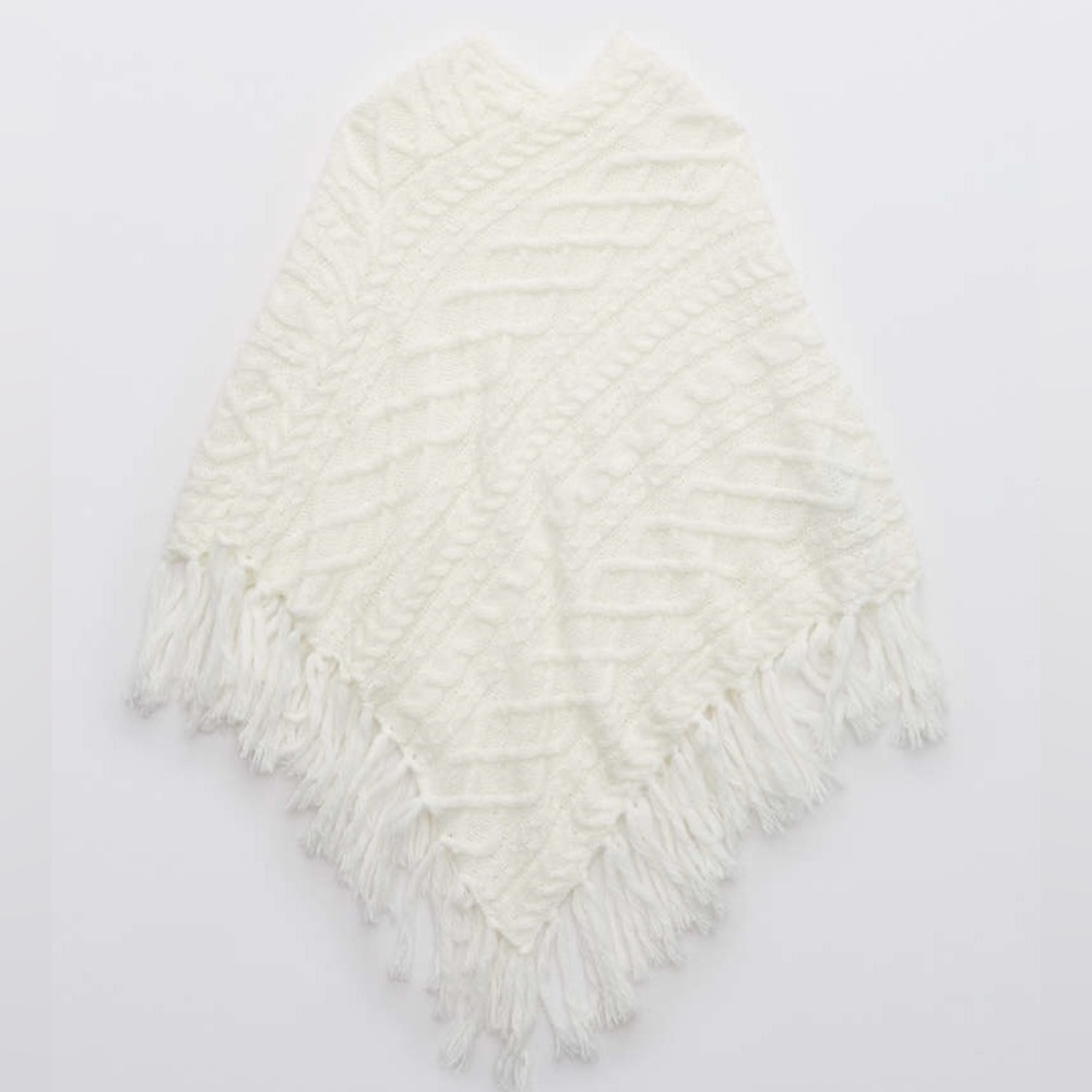 Aerie Cream Knit Poncho with Fringe